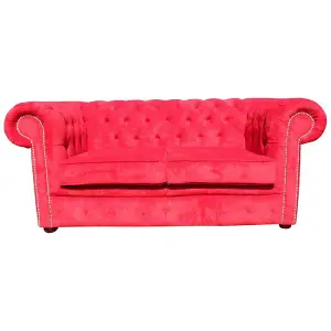 Chesterfield 2 Seater Sofa Settee Azzuro Post Box Red Real Velvet Fabric In Classic Style