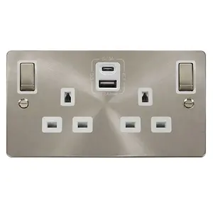 Flat Plate Satin / Brushed Chrome 2 Gang 13A DP Ingot Type A & C USB Twin Double Switched Plug Socket - White Trim - SE Home