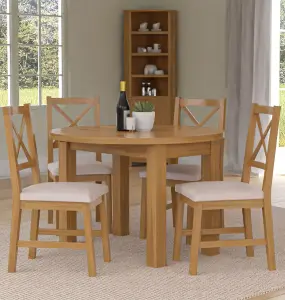 Hallowood Furniture Waverly Drop Leaf Round Table with 4 Cross Back Oak Chairs with Beige Fabric Seats