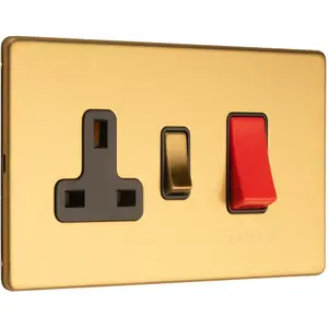 45A DP Oven Cooker Switch & Single 13A Switched Socket SCREWLESS SATIN BRASS