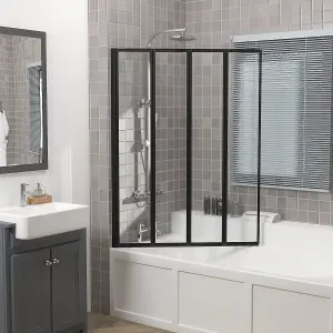 Rinse 850x1400mm Bathroom 4 Folding Panel Bath Shower Screen 4mm Self Clear Glass Pivot Door Reversible Black