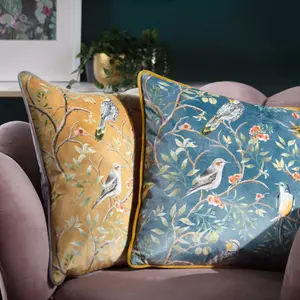 Orient Chinoiserie Birds Floral Square Scatter Pillow Cover Slate Blue