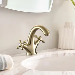 BATHWEST Victorian Polished  Brass Basin Mixer Taps  Cross Handle Bathroom Sink Taps Gold Faucet