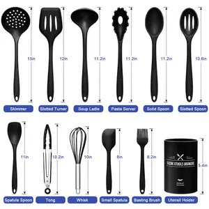 Silicone Kitchen Utensil Set - 12 Piece With Holder, BPA Free, Heat Resistant And Easy Clean, Black