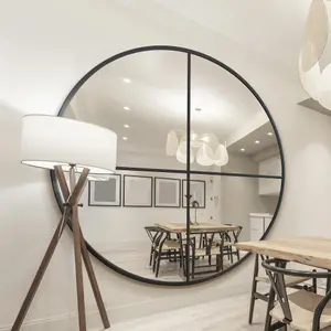 MirrorOutlet The Fenestra Black Extra Large Circular Window Metal Wall and Leaner Mirror 200cm x 200cm