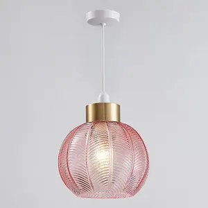 Antique Gold & Pink Ribbed Glass Vintage Retro Easy Fit Globe Dome Pendant Shade - 20.5cm Diameter (8") - None Electric Pendant