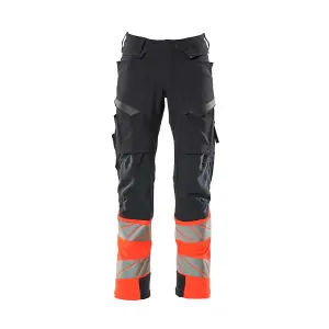 Mascot Accelerate Safe Trousers with Kneepad Pockets - Dark Navy/Hi-Vis Red  (35.5) (Leg Length - Long)