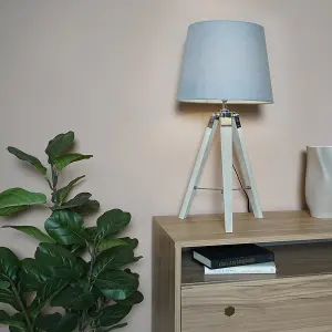 ValueLights Clipper Modern Distressed Wood and Silver Chrome Tripod Table Lamp with Grey Light Shade