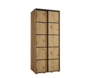 Rustic Oak Artisan Cannes IV Sliding Wardrobe H2050mm W1100mm D600mm with Custom Black Steel Handles and Decorative Strips