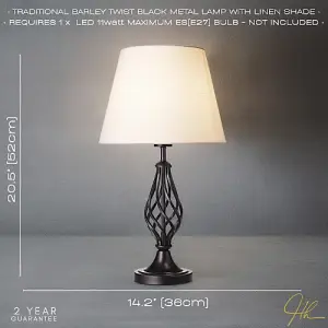 Traditional Matte Black Table Lamp with Barley Twist Base and White Linen Shade