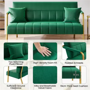 Yaheetech Green Upholstered Sofa Couch with Gold-tone Metal Legs and 2 Pillows