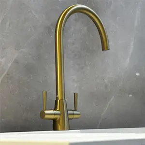 Liquida LU409BR Monobloc Swan Neck Twin Lever Brushed Brass Kitchen Mixer Tap