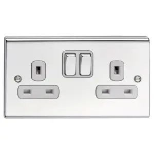 Deta SD1209CHW Slimline Décor Switched Socket Outlet 13 Amp DP 2 Gang (Polished Chrome /White Inserts)