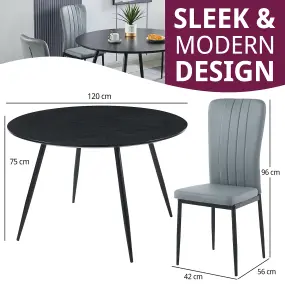 Hallowood Furniture Cullompton Large Black Round Dining Table 120cm with 4 Light Grey Faux Leather Chairs