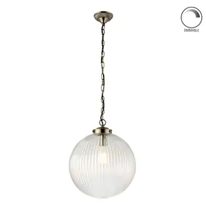 Bateson 1 - Light Globe Pendant Antique Brass/Clear Ribbed Glass / 100cm H x 35cm W x 35cm D