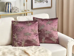 Set of 2 Cushions DAYLILY Velvet 45 x 45 cm Animal Embroidery Violet