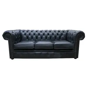 Chesterfield 3 Seater Cracked Wax Jet Black Leather Sofa Settee In Classic Style