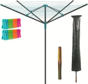 50m Rotary Airer Clothes Line with 4 Arms - Heavy Duty Outdoor Washing Line with Free Ground Spike