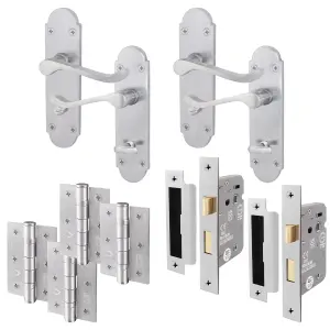 AFIT Satin Chrome Bathroom Door Handle Set - Victorian Scroll Shaped - 2 Pairs of Internal Door Handles, Hinges 76mm & Locks 64mm