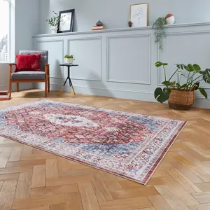 Red Traditional Bordered Geometric Rug Easy to clean Living Room and Bedroom-120cm X 170cm