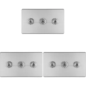 3 PACK 3 Gang Triple Retro Toggle Light Switch SCREWLESS SATIN STEEL 10A 2 Way