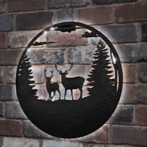 Solar Backlit Stag Deer Silhouette Wall Art - Outdoor Metal Garden Decor