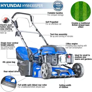 Hyundai 17"/43cm 139cc Electric-Start Self-Propelled Petrol Roller Lawnmower HYM430SPER