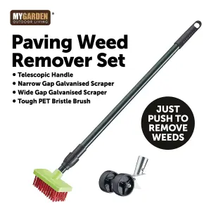 2pc Telescopic Weed Brush & Scraper Broom Head Patio Deck Scrub Block Paving