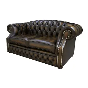 Chesterfield 2 Seater Antique Gold Leather Sofa Bespoke In Buckingham Style