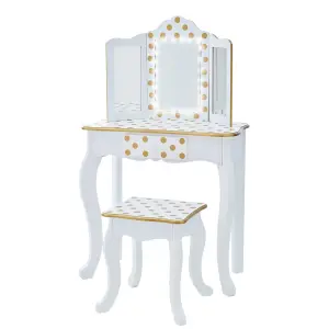 Teamson Kids Dressing Table, Play Vanity Set with LED Mirror Light & Stool - White/Gold/Polka Dots