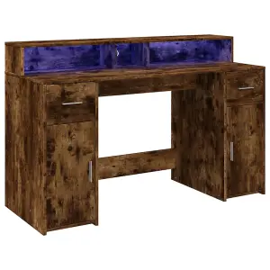 Berkfield Desk with LED Lights Smoked Oak 140x55x91 cm Engineered Wood