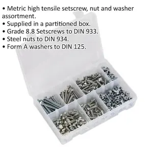 Comprehensive 408 Piece M6 Setscrew Nut and Washer Assortment in High Tensile Steel