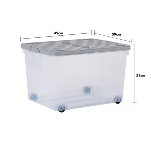 5 x Wham 44L Stackable Plastic Storage Box with Wheels & Folding Lid Clear/Cool Grey