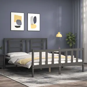 Berkfield Bed Frame with Headboard Grey King Size Solid Wood