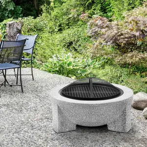 Round MgO Fire Pit with BBQ Grill, 75cm, Safety Mesh Screen - Light Grey - DG190