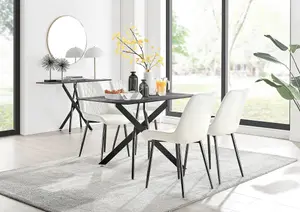 Furniturebox UK Leonardo Grey Glass Marble Effect Black Leg Table & 4 Cream Pesaro Black Leg Chairs