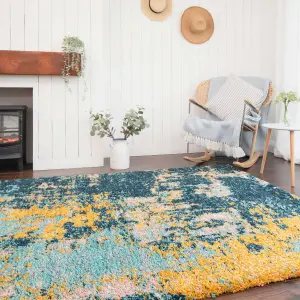 Blue Ochre Bold Distressed Abstract Shaggy Living Area Rug 160x230cm