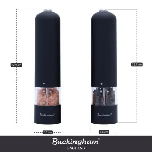 Buckingham Electric Salt & Pepper Grinder Set - Ceramic Grinder Matt Black Soft-Touch, Push Button Operation, Battery Powered, Adj