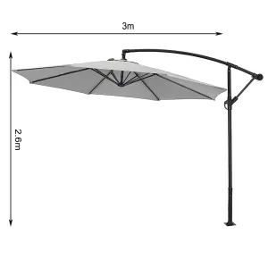 3M Large Rotatable Garden Sun Shade Cantilever Parasol Patio Hanging Banana Umbrella Crank Tilt with Fillable Base, Light Grey