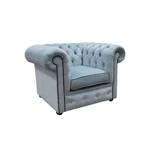 Chesterfield Low Back Club ArmChair Velluto Duck Egg Blue Real Fabric In Classic Style