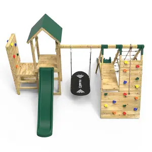 Rebo Wooden Climbing Frame with Vertical Rock Wall, Swing Set and Slide - Crestone+