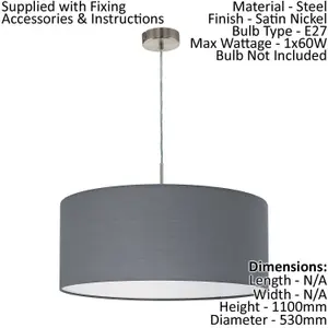 Pendant Ceiling Light Colour Satin Nickel Steel Shade Grey Fabric Bulb E27 1x60W