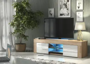 Loom TV Unit 130cm Oak & White with High Gloss Doors and LED Lighting - Creative Furniture