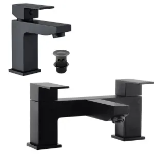 Matt Black Bathroom Tap Set Bath Filler & Basin Mixer Tap with Clicker Waste