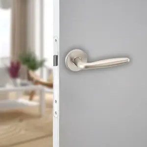 URBNLIVING 107mm Length 2 Pcs Rouen Metal & Satin Nickel Rose Lever Latch Door Handles Set