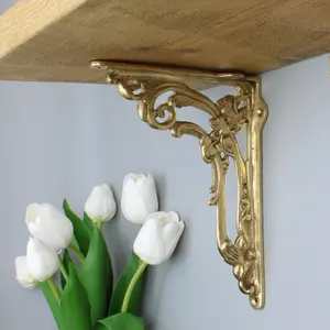 Oakcrafts - Pair of Antique Brass Victorian Flower Shelf Brackets - 150mm x 200mm