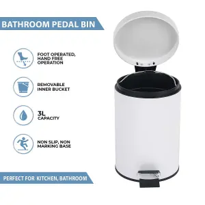 Small Stainless Steel 3 Ltr Pedal Bin Kitchen Bathroom Toilet Rubbish, White