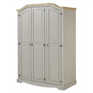 Mercers Furniture Corona Grey Wax 3 Door Arch Top Wardrobe Solid Pine Rustic Mexican Styling