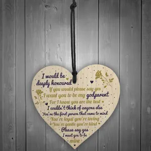 Red Ocean Godparents Godmother Father Gifts Handmade Wooden Hanging Heart Sign Plaque Keepsake Thank You Christening