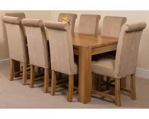 Kuba 180 x 90 cm Chunky Oak Dining Table and 8 Chairs Dining Set with Washington Beige Fabric Chairs